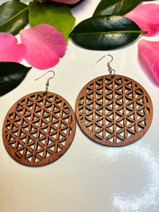 Wooden Round Earrings with Intricate Five-Petal Flower Design
